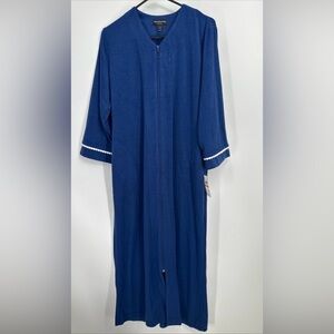 NWT Miss Elaine Women's Smalls Terry Knit Long Zip Robe Navy $94
